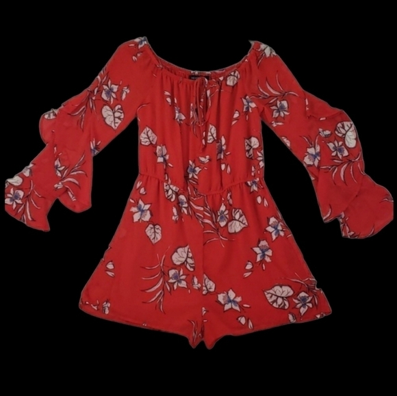 Heart Soul~Size L~Red White Blue Print Floral Long Sleeve Romper NWT - Picture 3 of 11